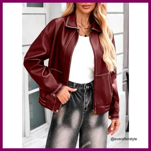 Faux Leather Motorcycle Jacket Oversized Bomber Zip Up Trendy Fall Winter